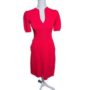 St. John by Marie Gray Red Knit Dress Puff Sleeve Gold Button Vintage Sheath